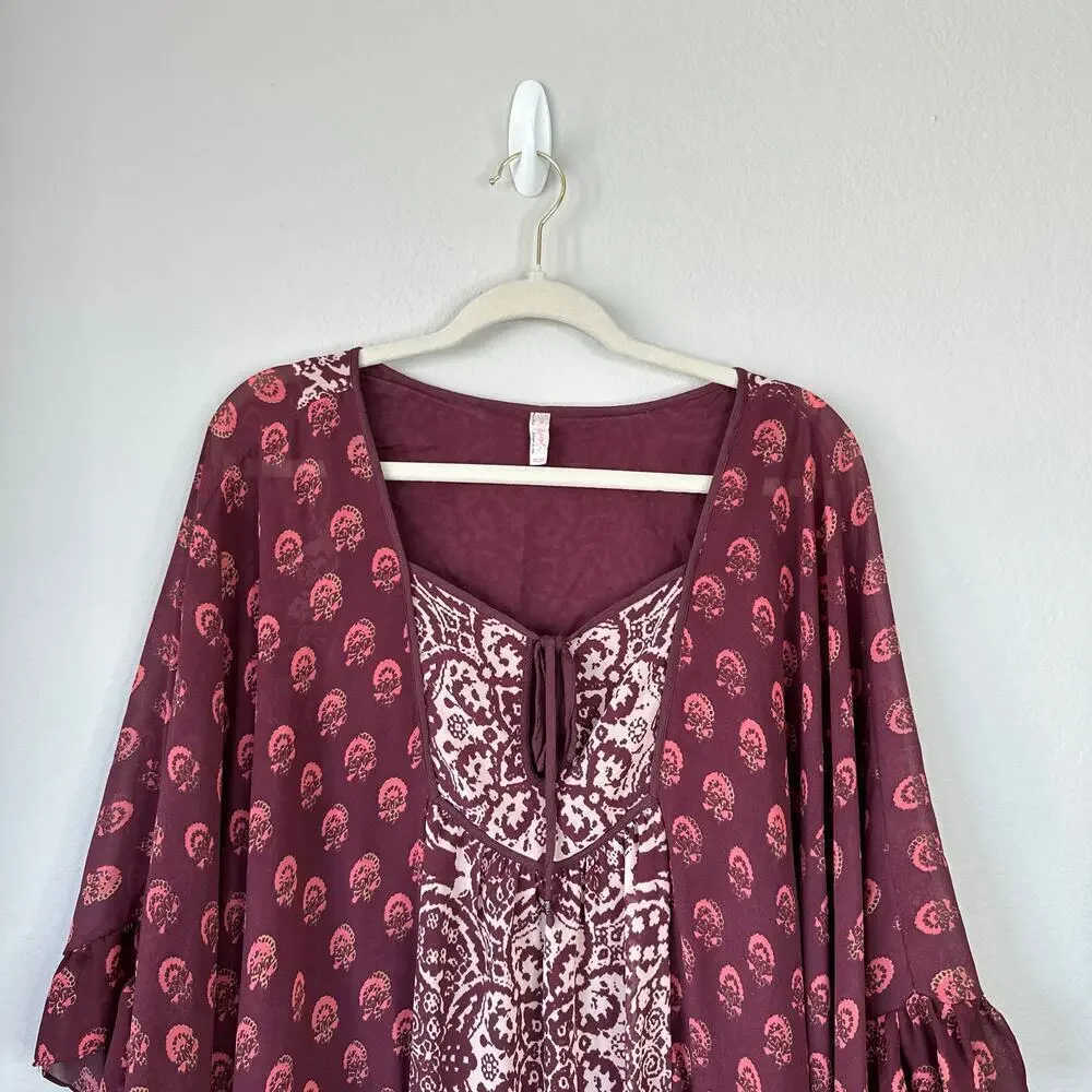 FREE PEOPLE Marla Dreams Dress Wine Red Boho Paisley Pop Flowy Fall Size XS
